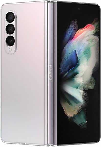 Samsung Galaxy Z Fold3 in pink, partially open showing rear triple camera and display screen with colorful abstract wallpaper