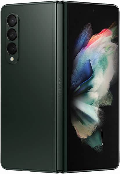 Samsung Galaxy Z Fold3 in green, shown open with inner display visible and rear camera array on back panel