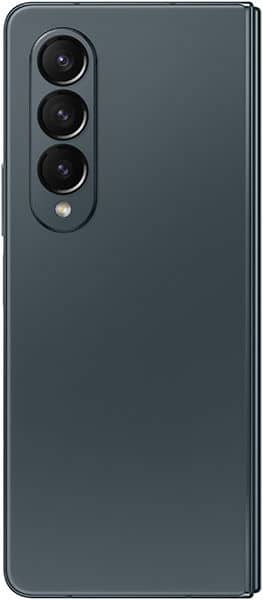 Samsung Galaxy Z Fold4 in dark gray, closed, rear view with three vertical cameras and flash on upper left side.