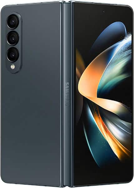 Samsung Galaxy Z Fold4 partially open, front display on, three rear cameras visible on the back, Samsung logo on hinge.