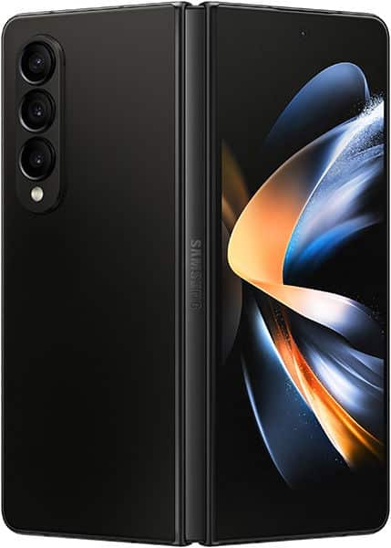 Samsung Galaxy Z Fold4 in black, partially open, Rear view shows triple cameras; inner screen displays abstract wallpaper.