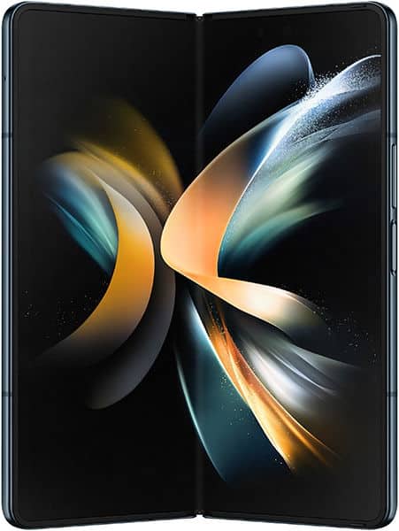 Samsung Galaxy Z Fold4 shown open from the front, displaying its large screen with thin bezels and vibrant abstract wallpaper.