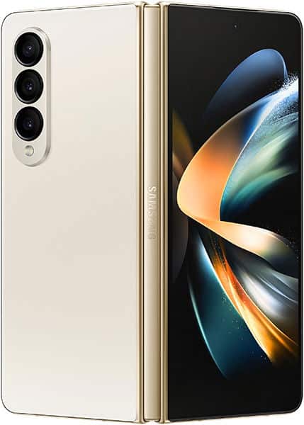 Partially open Samsung Galaxy Z Fold4 in beige, side view showing foldable display, triple rear cameras, and logo hinge.