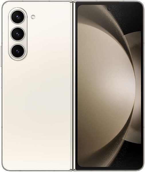 Samsung Galaxy Z Fold5 in cream, shown open with rear camera array visible on left panel and interior display on right