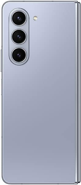 Samsung Galaxy Z Fold5 rear view, showing triple camera setup and folded position against light blue background