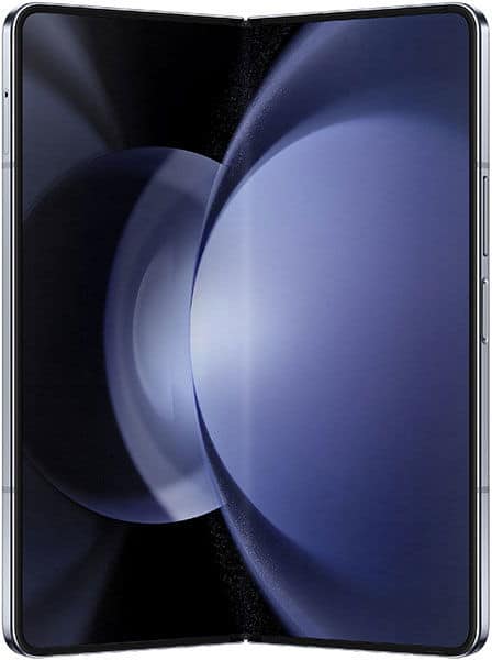 Samsung Galaxy Z Fold5 open, displaying dual screens with blue abstract wallpaper and folded hinge visible in center