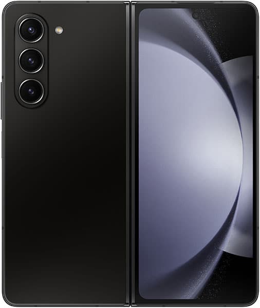 Samsung Galaxy Z Fold5 open, showing rear triple-camera array on left panel and inner display on right panel