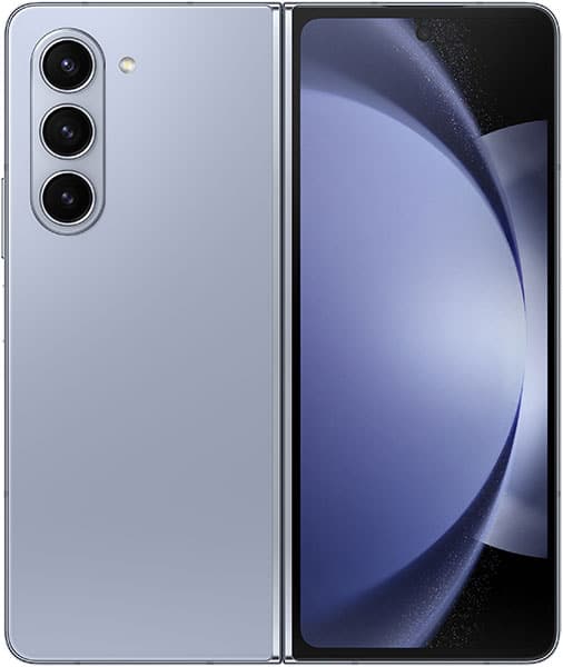 Samsung Galaxy Z Fold5 displayed open, showing rear triple camera array on left panel and blue abstract display on right screen