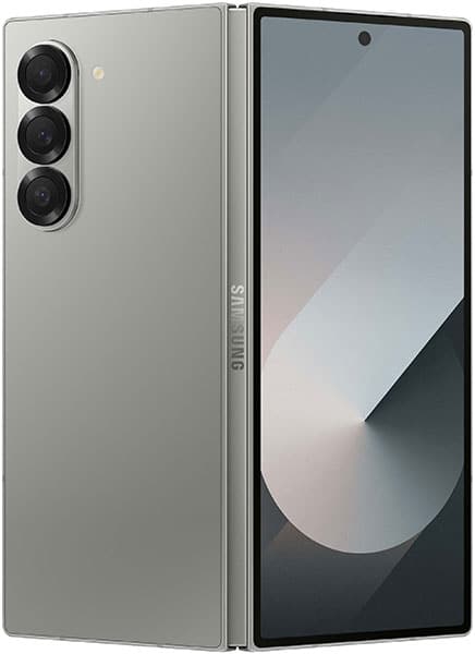 Samsung Galaxy Z Fold6 open, showing rear camera array on left panel and display screen on right panel in silver finish