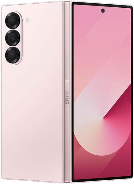 Samsung Galaxy Z Fold6 in pink, shown open with screen displaying gradient wallpaper and closed rear view with triple camera array