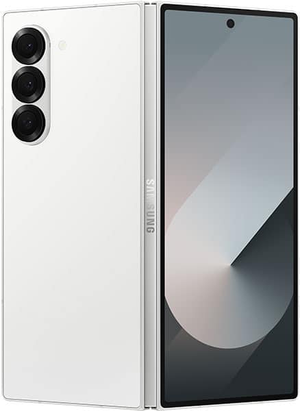 Samsung Galaxy Z Fold6 open, displaying tall inner screen and triple rear camera setup on white back panel