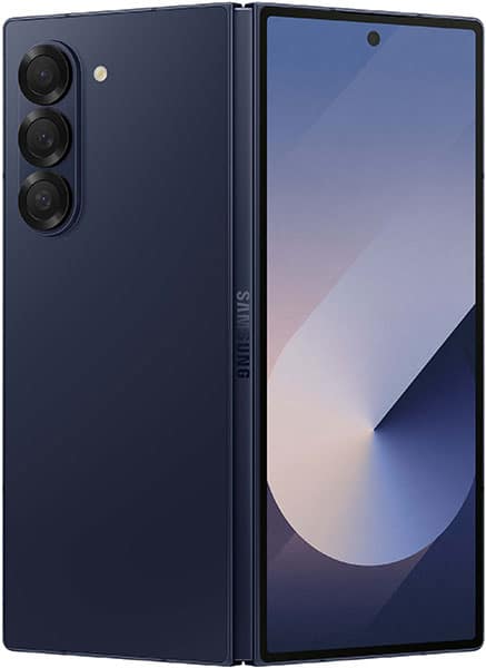 Samsung Galaxy Z Fold6 open, displaying gradient wallpaper on inner screen, triple camera on outer panel, navy blue finish