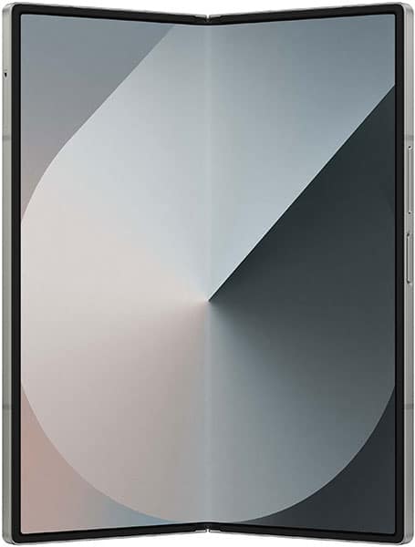 Samsung Galaxy Z Fold6 open, displaying dual screens with geometric gradient wallpaper