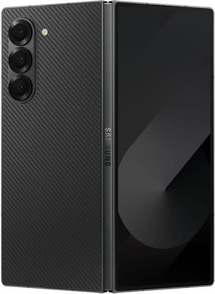 Samsung Galaxy Z Fold6 in folded position, showing rear camera array and carbon fiber texture back panel with hinge visible