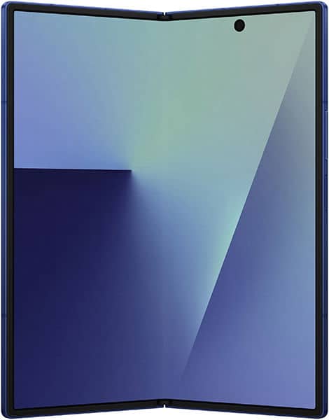 Samsung Galaxy Z Fold7 with foldable screen open, displaying blue and teal gradient wallpaper on inner display