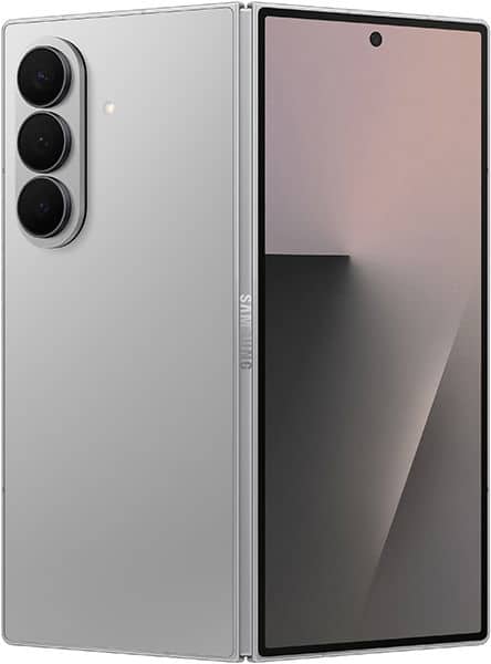Samsung Galaxy Z Fold7 open, showing white rear panel with triple camera setup on left and inner display on right