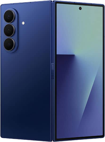 Samsung Galaxy Z Fold7 in blue, shown open with triple rear camera setup visible and gradient display screen on