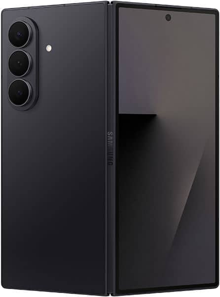 Samsung Galaxy Z Fold7 open, showing rear camera array on left panel and inner display on right panel, in black