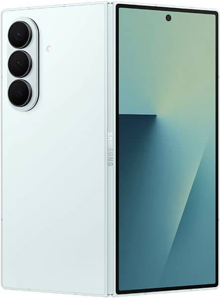 Samsung Galaxy Z Fold7 in white, open position showing rear triple camera array and front display with blue-green gradient wallpaper