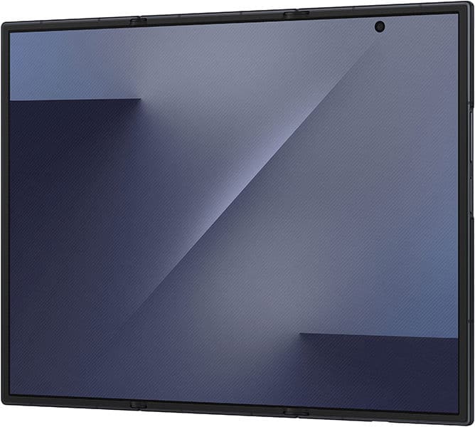 Front view of a Samsung Galaxy Z TriFold tablet with reflective screen, top-right camera, and blue geometric wallpaper.