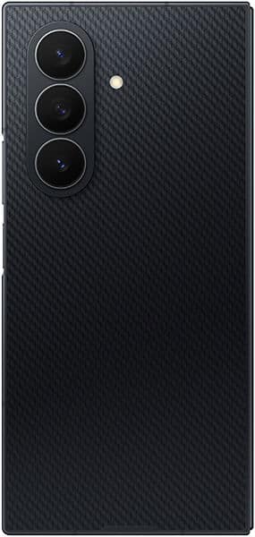 Rear view of black Samsung Galaxy Z TriFold showing textured carbon-fiber back, three vertical cameras, and top-right flash.