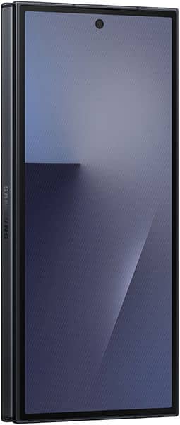 Samsung Galaxy Z TriFold viewed from a slight side angle, showing edge-to-edge display, thin bezels, and centered front camera.