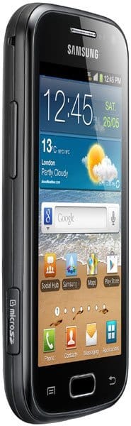 Samsung Galaxy Ace 2 front view with display showing time, weather, and home screen icons