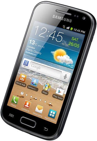 Samsung Galaxy Ace 2 front view with touchscreen displaying home screen widgets, weather app, and app icons