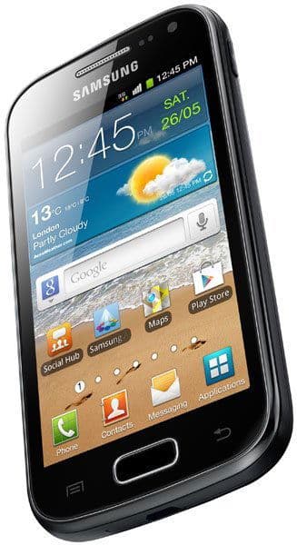 Samsung Galaxy Ace 2 front view with home screen displaying weather widget, time, and app icons