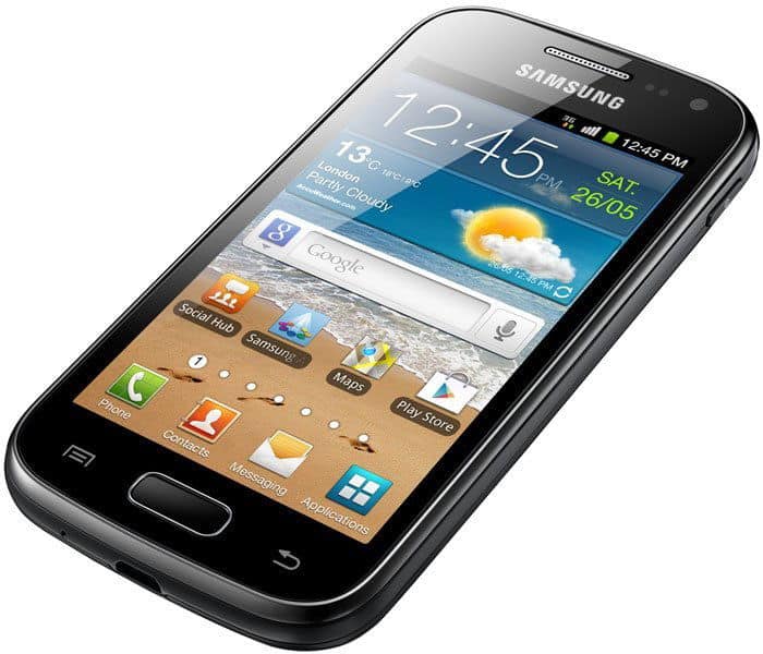 Samsung Galaxy Ace 2 front view displaying home screen with weather widget, time 7:45 PM, and app icons including Google, Phone, Contacts, and Play Store