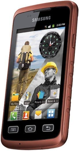 Samsung Galaxy Rugby front view with red case, displaying home screen with app icons and widgets on black screen