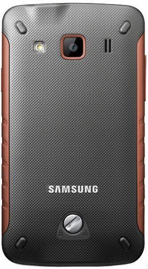 Samsung Galaxy Rugby rear view, showing textured gray back panel with camera, speaker, and corner grips