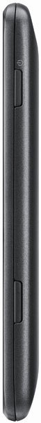 Samsung Omnia M, side view, showing black textured casing with volume and power buttons