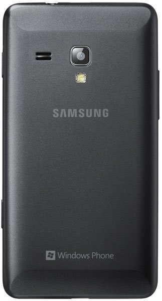 Samsung Omnia M rear view, black phone with camera lens and Windows Phone branding visible