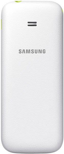 Samsung Guru Music 2 rear view, white phone with textured back and Samsung branding