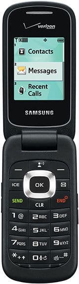 Samsung Gusto 3 flip phone, open front view, showing menu screen with Contacts, Messages, and Recent Calls options