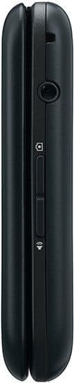 Samsung Gusto 3 phone, side view, closed clamshell position, black exterior with visible button and speaker details