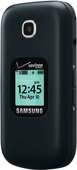 Samsung Gusto 3 flip phone, open, displaying time and date on screen, Verizon branding visible