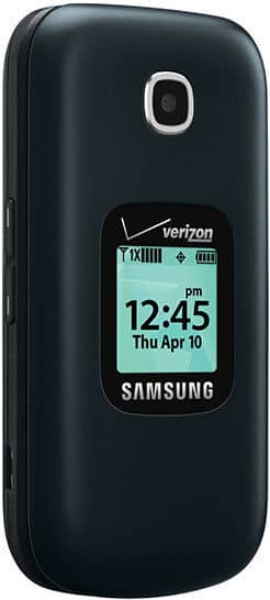 Samsung Gusto 3 flip phone, open front view, displaying time and date on screen, black exterior with camera on back