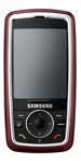 Samsung i400 mobile phone, front view, with dark screen and silver dial navigation ring