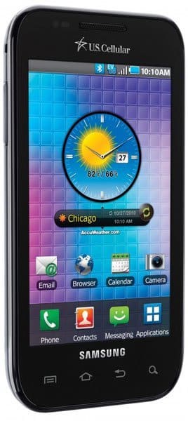 Samsung Mesmerize i500 front view, displaying colorful widget home screen with clock, weather, and app icons