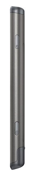 Samsung Omnia 7 smartphone, side view, showing dark gray metallic body with physical buttons