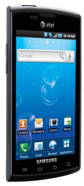 Samsung Captivate front view with blue home screen displaying Google search bar, app icons including Phone, Contacts, Camera, and Market