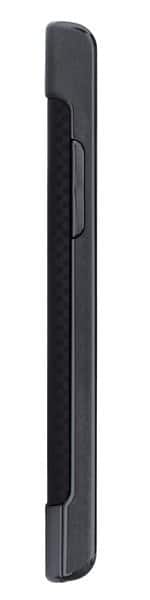 Samsung Captivate side view, black rectangular smartphone with curved edges and recessed buttons along the spine