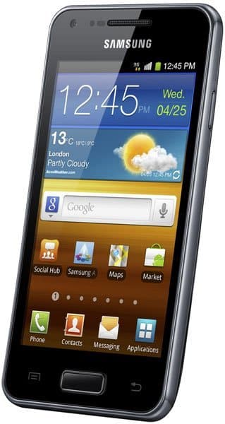 Samsung Galaxy S Advance front view with display showing time, weather widget, and home screen apps including Phone, Contacts, and Messaging
