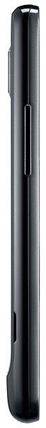 Side view of black Samsung Galaxy S II showing its slim profile, center button, and curved bottom edge.