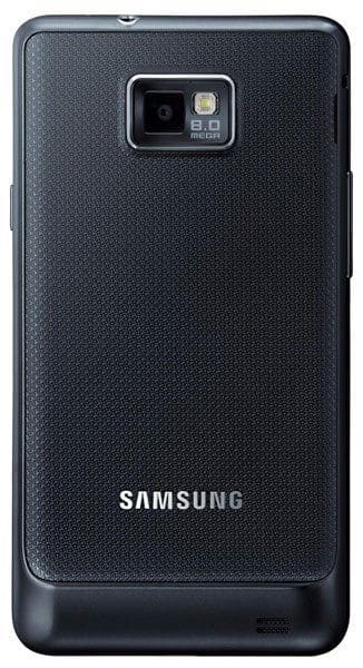 Rear view of black Samsung Galaxy S II showing 8MP camera, LED flash, textured finish, and Samsung logo at the bottom.