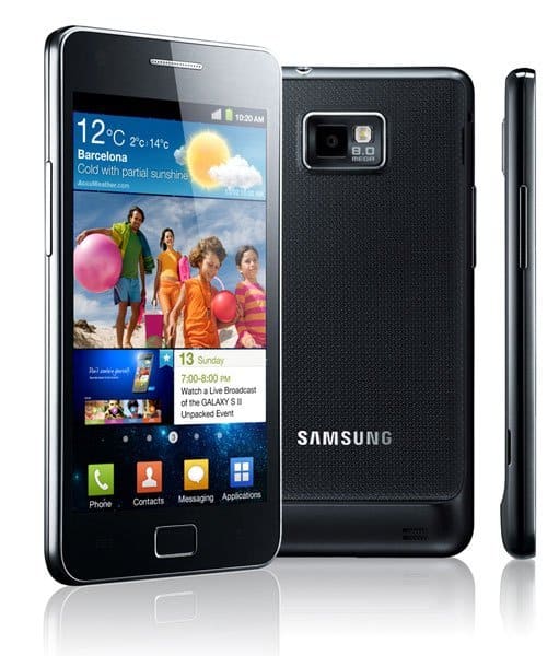 Samsung Galaxy S II shown front, rear, and side; front has app icons and beach scene, back features camera and Samsung logo.