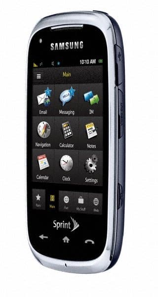 Samsung Instinct HD front view with touchscreen displaying home menu icons, Sprint branding visible at bottom