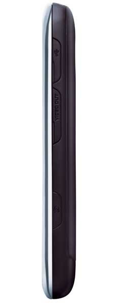 Samsung Instinct HD side view, showing dark front face with silver trim and branded back panel